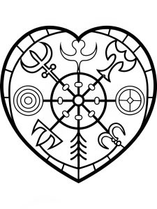 Heart mandala with Norse mythology symbols coloring page