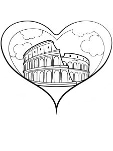 Heart mandala with Roman temple architecture details coloring page