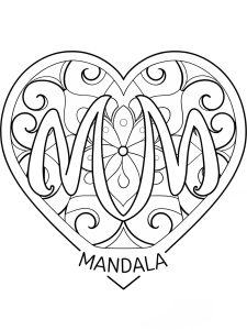 Heart mandala with antique calligraphy script details coloring page