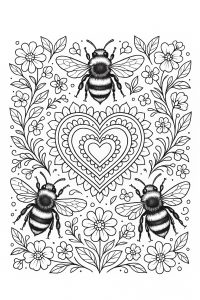 Heart mandala with bumblebees