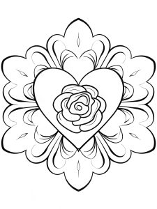 Heart mandala with delicate rose petals curling inward coloring page
