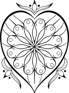 Heart mandala with energy vortex spirals coloring page