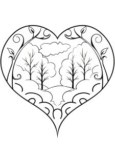 Heart mandala with ethereal misty forest details coloring page