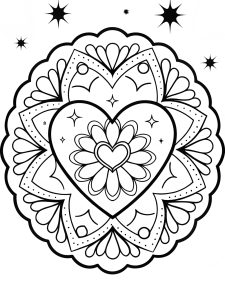 Heart mandala with glowing fireflies and night sky coloring page