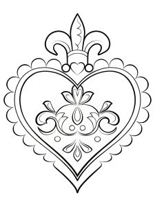 Heart mandala with golden filigree and royal details coloring page