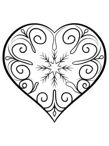 Heart mandala with ice crystals and frost patterns coloring page