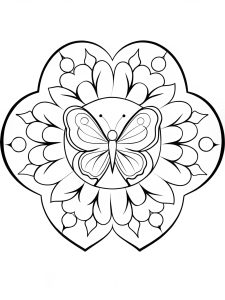 Heart mandala with iridescent butterfly wings coloring page