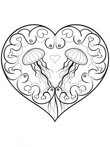 Heart mandala with luminescent jellyfish floating coloring page