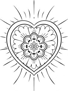 Heart mandala with radiant energy pulse lines coloring page