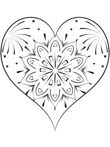 Heart mandala with shimmering firework bursts coloring page
