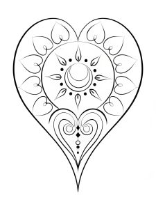 Heart mandala with solar eclipse corona details coloring page