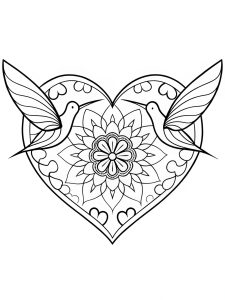 Heart mandala with stained glass hummingbird wings coloring page