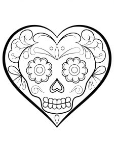 Heart mandala with sugar skull and Día de los Muertos motifs coloring page