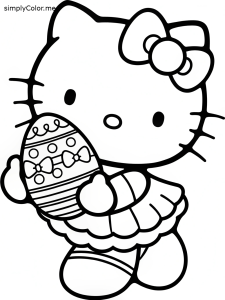 Hello Kitty holding a decorated Easter egg with tiny hidden bows inside coloring page