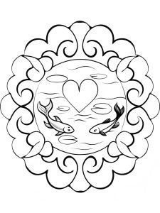 Mandala with heart and Japanese koi pond scene coloring page