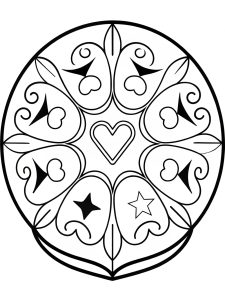 Mandala with heart and enchanted spell book symbols coloring page