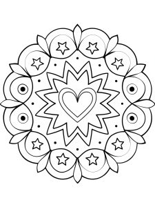 Mandala with heart and floating galaxy clusters coloring page