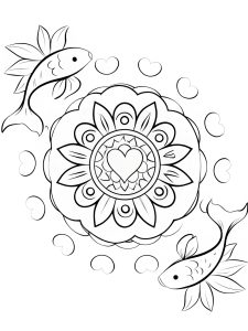 Mandala with heart and floating koi fish under water lilies coloring page