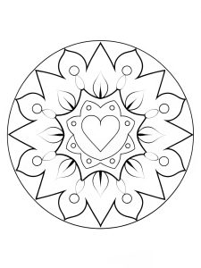 Mandala with heart and fractal-inspired spirals coloring page
