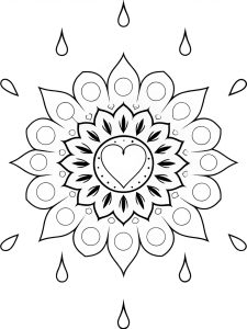 Mandala with heart and glistening water droplets coloring page