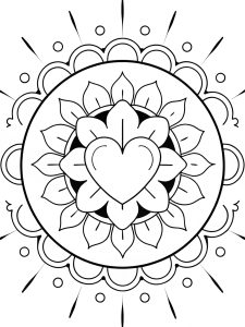 Mandala with heart and glowing aura effects coloring page