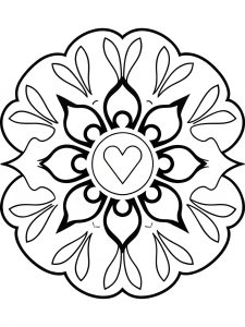 Mandala with heart and mirrored Rorschach effect coloring page