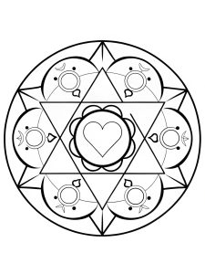 Mandala with heart and mystical alchemy symbols coloring page