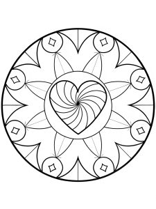 Mandala with heart and spiraling golden ratio sequence coloring page