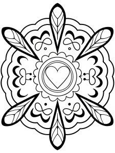 Mandala with heart and symmetrical dragonfly wings coloring page