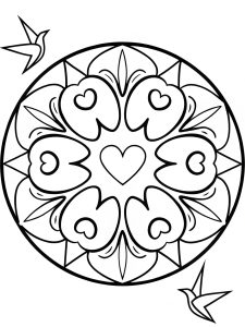Mandala with heart and tiny origami cranes floating coloring page