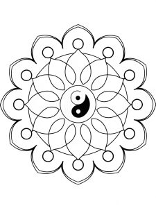 Mandala with heart and yin-yang duality symbols coloring page