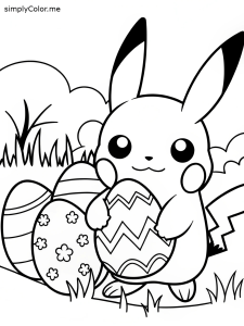 Pikachu hiding Easter eggs in a field with tiny lightning bolts on them coloring page