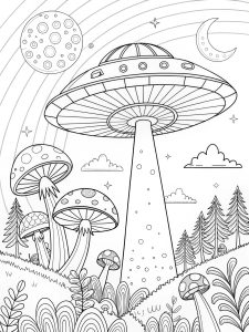 Psychedelic UFO hovering over a trippy mushroom forest coloring page creation
