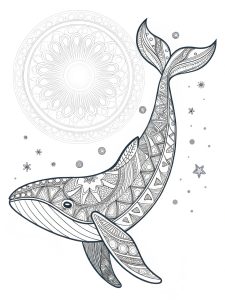 Psychedelic alien whale with glowing body and underwater vibes coloring page