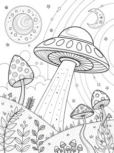 Trippy UFO flying through a surreal mushroom galaxy coloring page creation