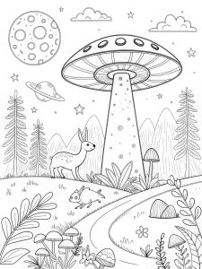 Trippy UFO landing site with glowing mushrooms and surreal animals coloring page