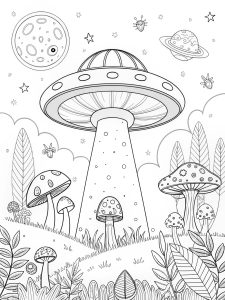 Trippy UFO surrounded by glowing mushrooms and surreal alien creatures coloring page