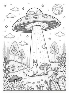 Trippy UFO surrounded by glowing mushrooms and surreal animals coloring page