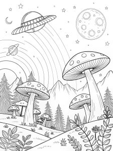 Trippy alien landscape with glowing mushrooms and UFOs coloring page for dreamers