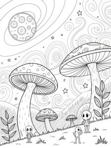 Trippy mushroom field with aliens and cosmic, swirling skies coloring page