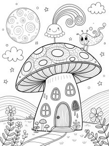 Trippy mushroom house with aliens and swirling, magical vibes coloring page