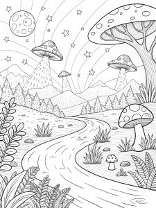 Trippy mushroom river with aliens and surreal, glowing plants coloring page