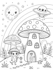 Trippy mushroom village with aliens and cosmic, magical vibes coloring page