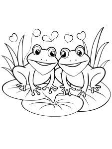Two frogs sitting on lily pads with heart-shaped flowers coloring page