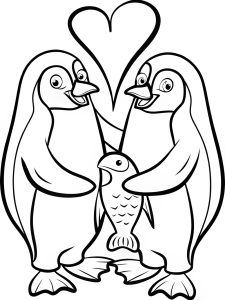 Two penguins sharing a fish shaped like a heart coloring page