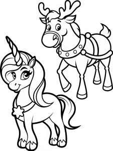 Unicorn Christmas reindeer bold coloring pages