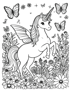Unicorn butterfly garden coloring page