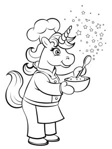 Unicorn chef cooking bold coloring pages