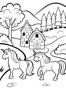 Unicorn medieval village bold coloring pages