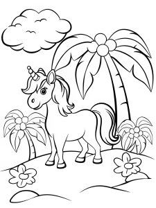Unicorn tropical island cloud bold coloring pages